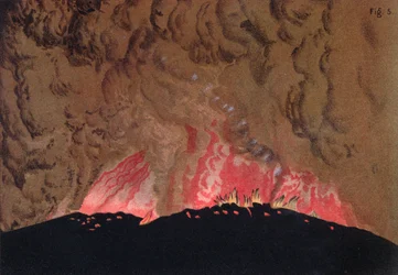 Die Aphroessa- und Georgios-Lavaströme während eines Ausbruchs des Santorini-Vulkans, Illustration aus Etudes sur les Volcans vom Künstler, graviert von Druck und Arnold, 1881